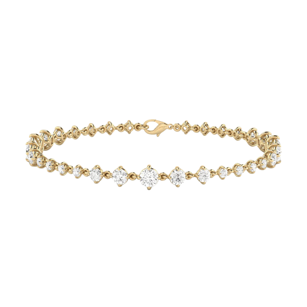 Round diamond tennis bracelet, yellow gold.