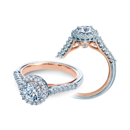 White-rose gold diamond halo engagement ring.