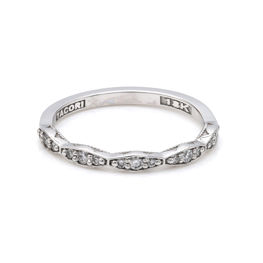 18K white gold band with diamonds.