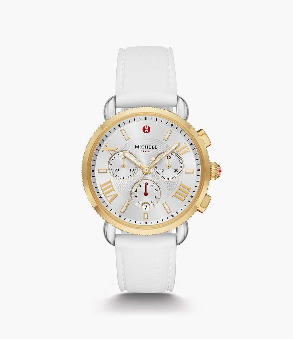 Gold-accented chronograph watch with white strap.