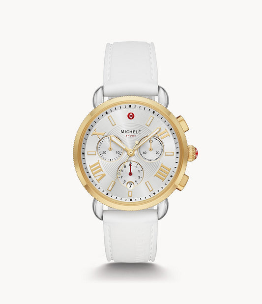 Gold-accented chronograph watch with white strap.