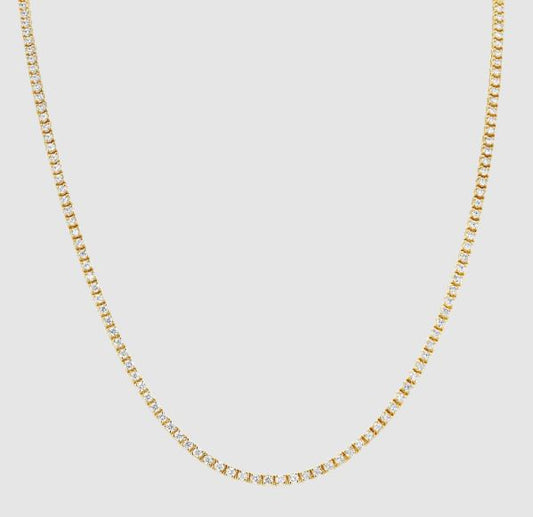14K yellow gold necklace with round diamonds.
