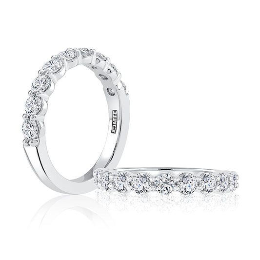 14K white gold band with round diamonds.