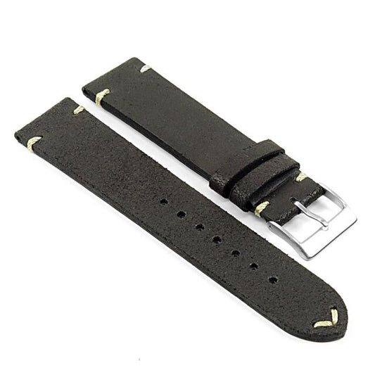 Matte black leather watch band with buckle.