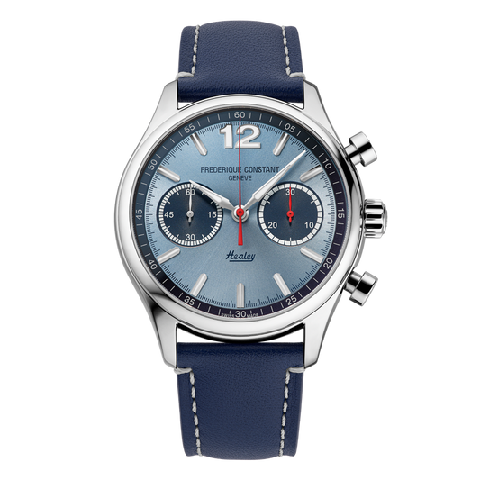 Light blue dial, stainless steel case, blue leather band.