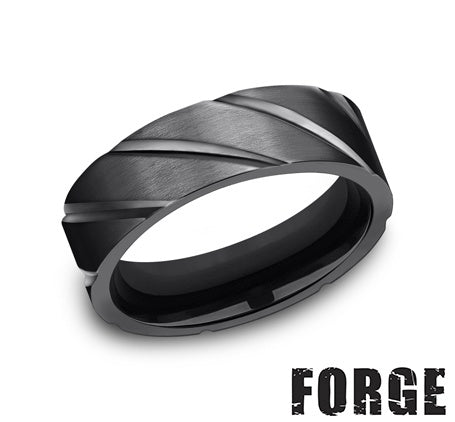 Black titanium band with carved diagonal grooves.