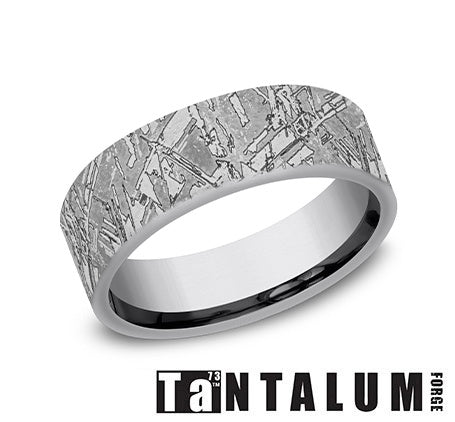 Tantalum grey carved textured men's band.