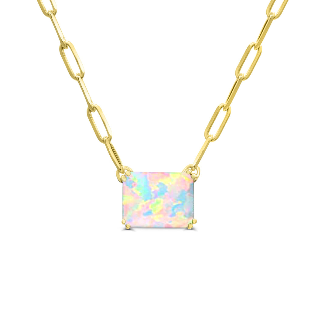 Rectangular opal pendant on yellow gold chain.