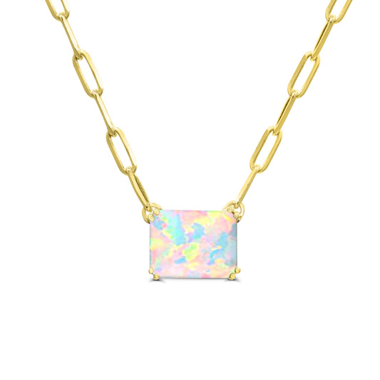 Rectangular opal pendant on yellow gold chain.