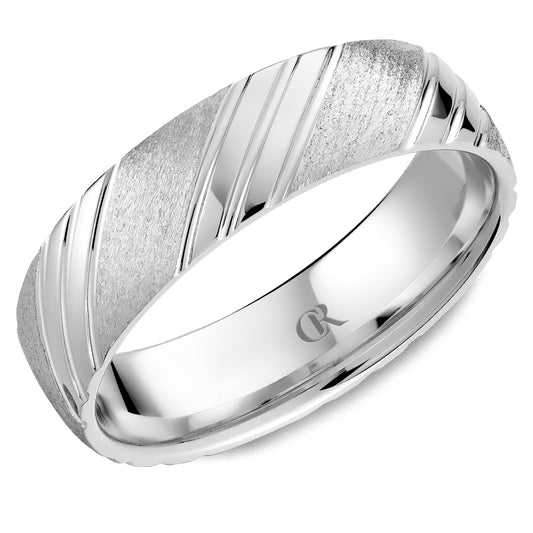 Polished yellow gold band with carved design.