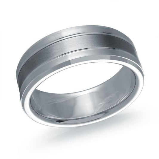 Tantalum white gold carved band, grey accents.