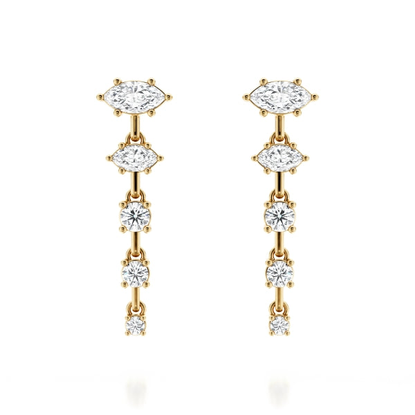 Marquise diamond drop earrings in yellow gold.