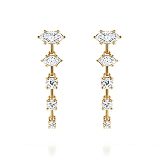 Marquise diamond drop earrings in yellow gold.