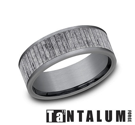 Tantalum grey carved men's band, 8MM width.