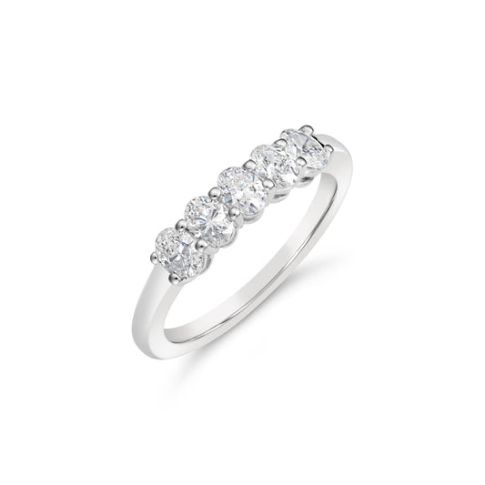 14K white gold band, five oval diamonds.