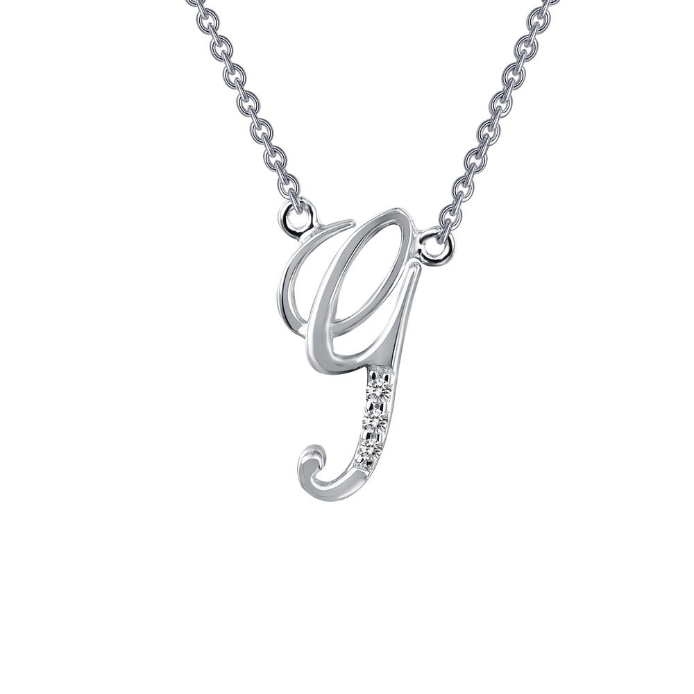 Simulated diamond initial necklace, platinum-bonded silver.