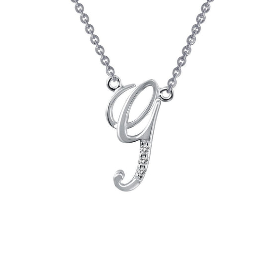Simulated diamond initial necklace, platinum-bonded silver.