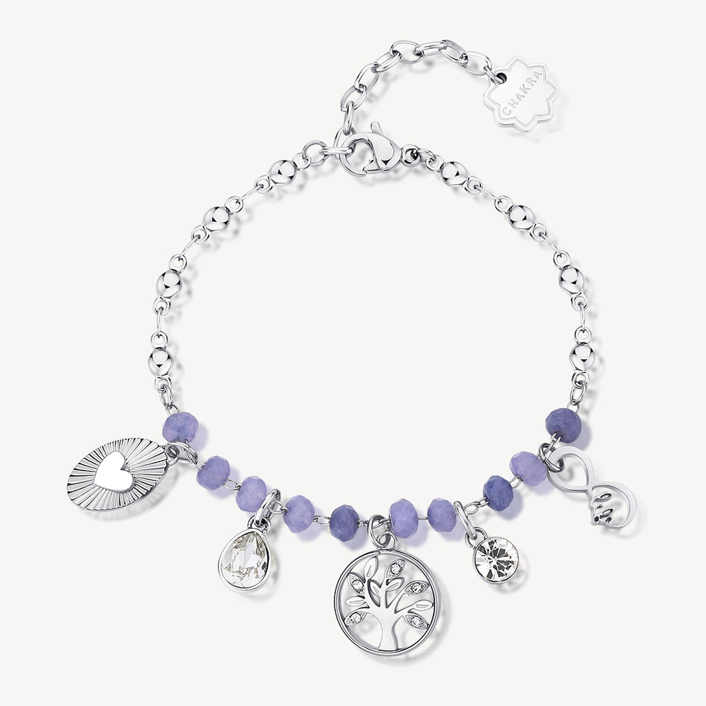 Stainless steel bracelet with purple charms.
