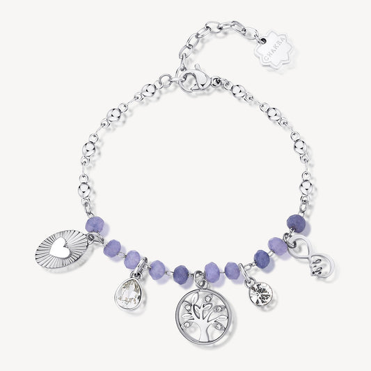 Stainless steel bracelet with purple charms.