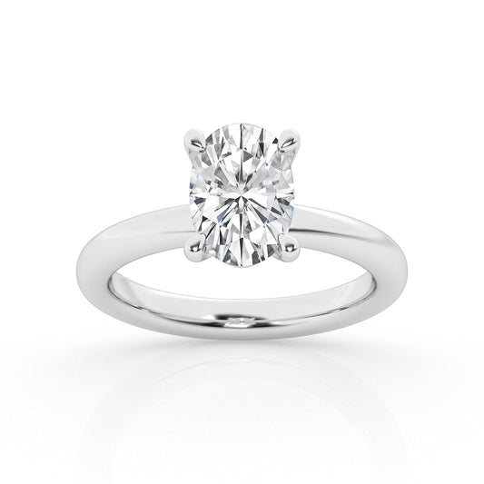 Oval diamond solitaire, 14K white gold ring.