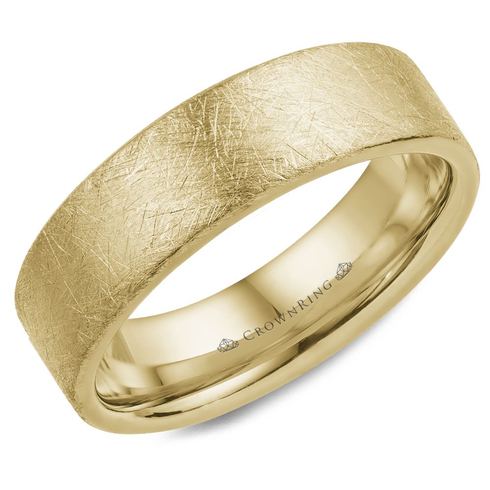 14K yellow gold band, diamond brush texture.