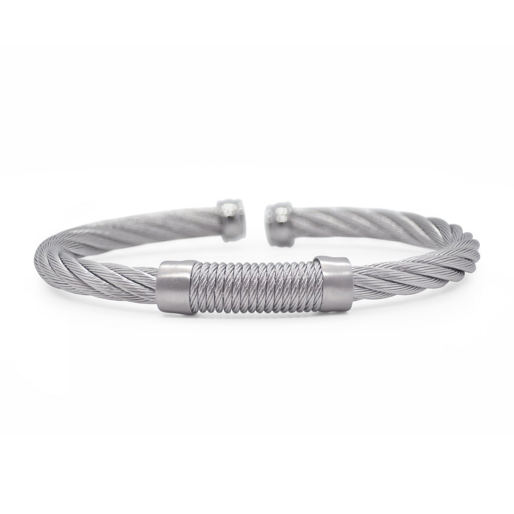 Stainless steel twisted cable bangle bracelet.