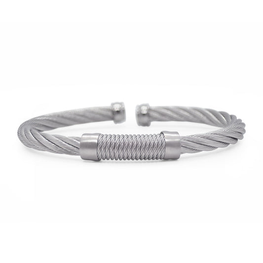 Stainless steel twisted cable bangle bracelet.