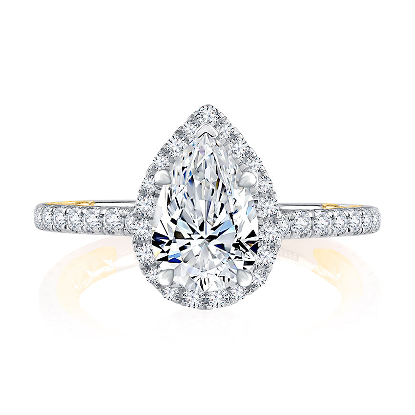 Halo diamond ring in white gold setting.