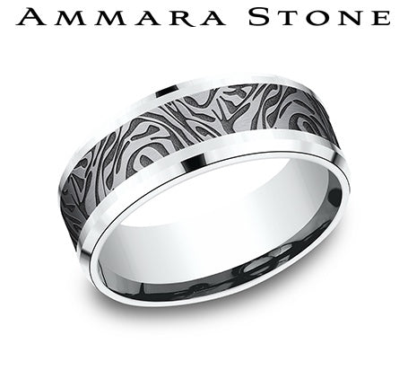 White-grey carved tantalum and gold band.