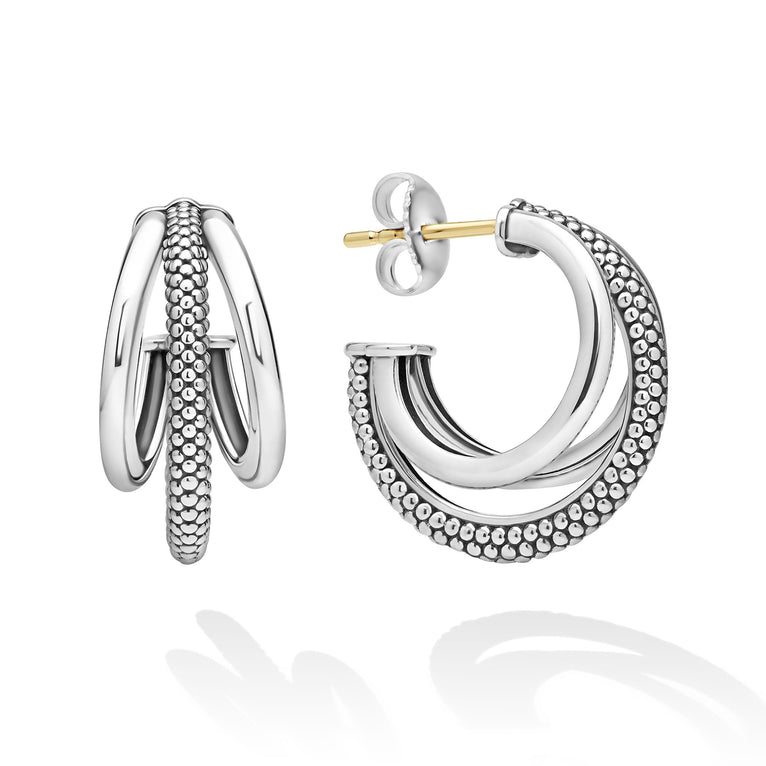 Sterling silver textured small hoop earrings.