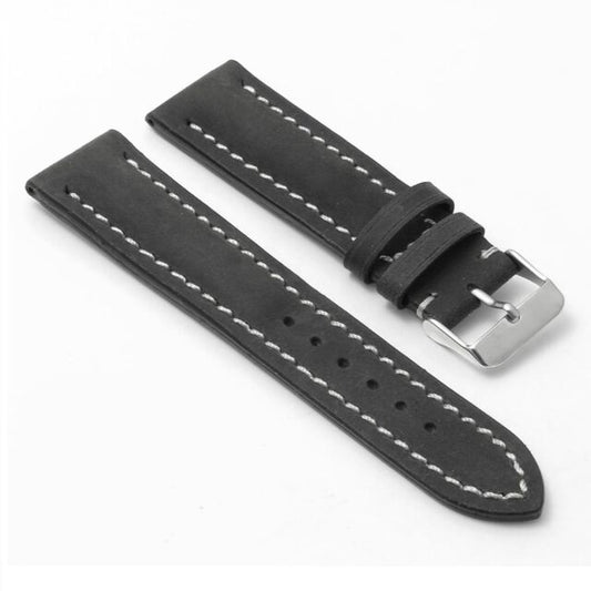 Black leather watch band, white stitching, tang buckle.