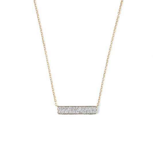 Diamond bar necklace on yellow gold chain.