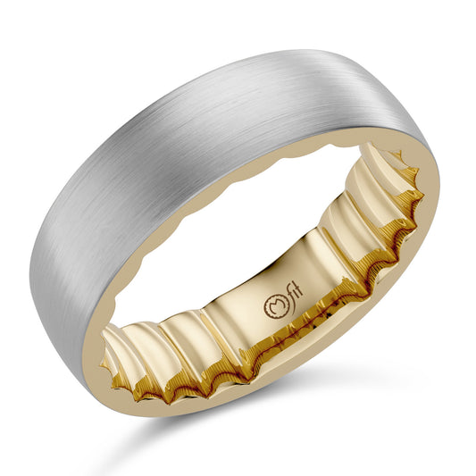 Two-tone satin carved band, 14K gold.