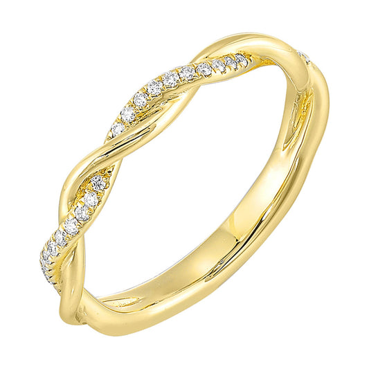 Twisted yellow gold band with diamond accents.