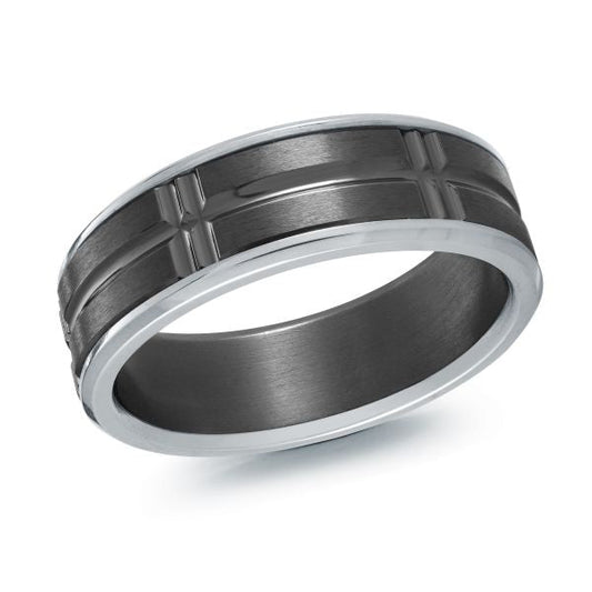 Tantalum titanium grey carved men's band.
