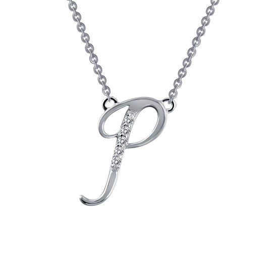 Simulated diamond "P" necklace in silver.