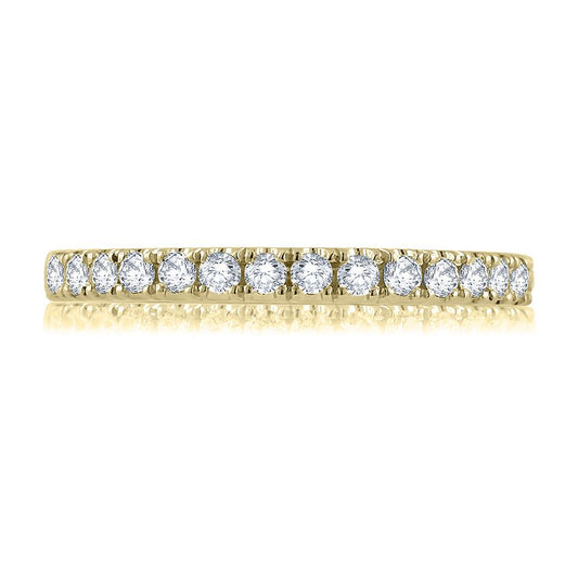Yellow gold band with round diamonds.