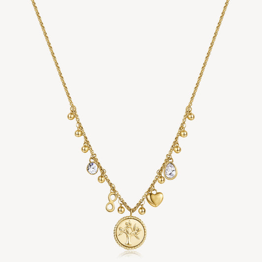 Yellow necklace with charms and simulated diamonds.