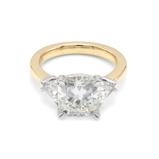 ReMARKable Designs Three Stone Lab-Grown Diamond Complete Engagement Ring in 18 Karat White Yellow Gold with 4.09ct Square Cushion Lab-Grown Diamonds, Clarity: VS1, Color: F