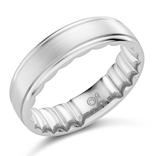 Polished satin white gold carved band.