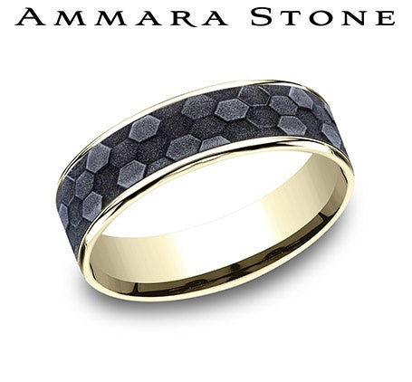 Tantalum yellow-grey carved band, hexagonal pattern.