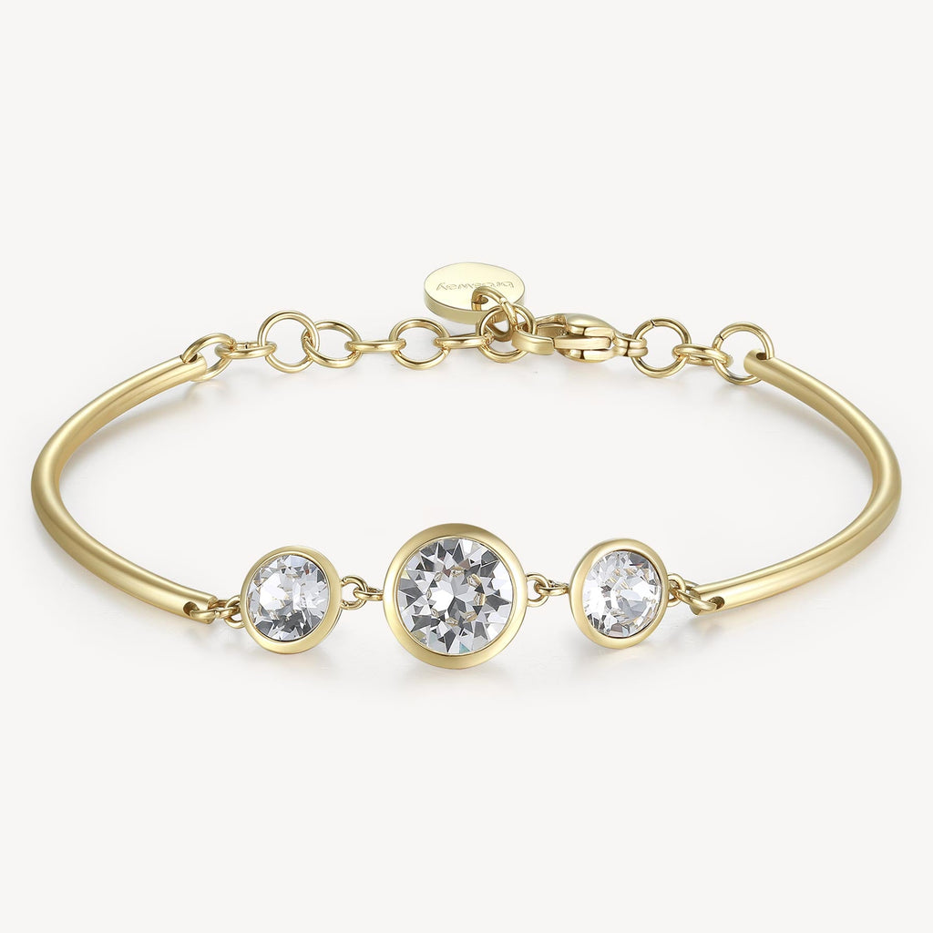 Yellow bangle with three simulated diamonds.