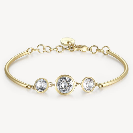 Yellow bangle with three simulated diamonds.