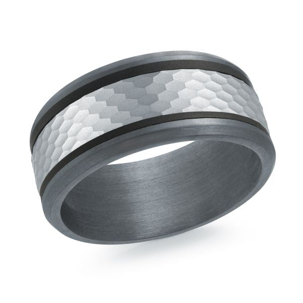 Tantalum white-black carved band, satin-hammered finish.