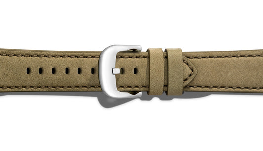 Olive leather watch band with silver buckle.