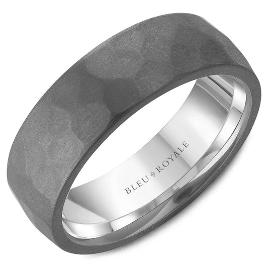 Tantalum band, satin-hammered finish, white-grey.