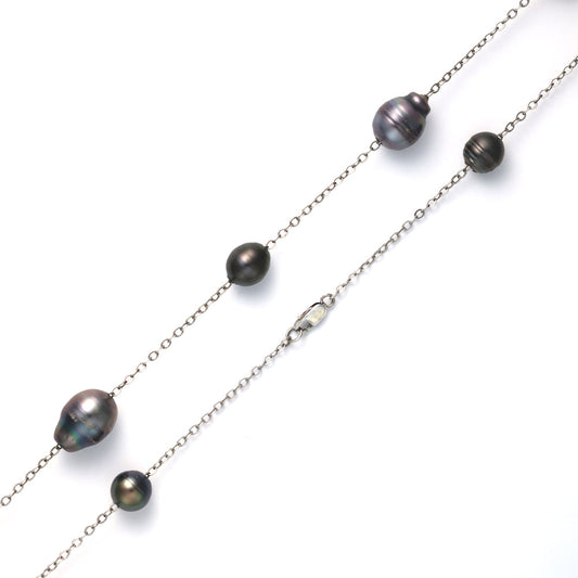 Baroque black pearls on sterling silver chain.
