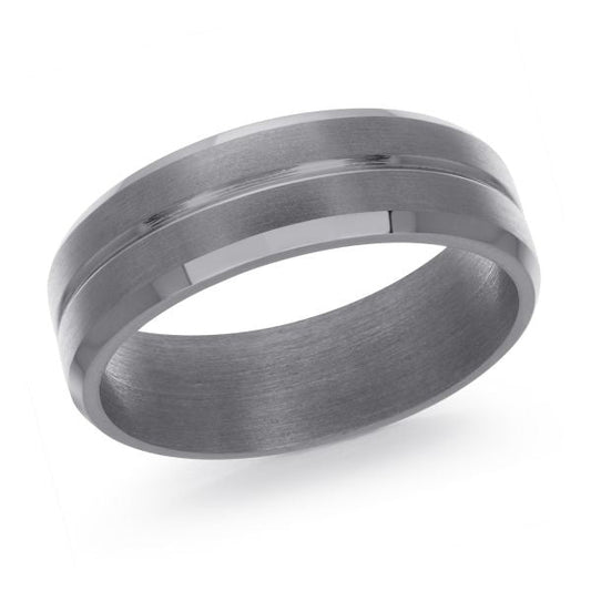 Tantalum grey carved men's band, polished finish.
