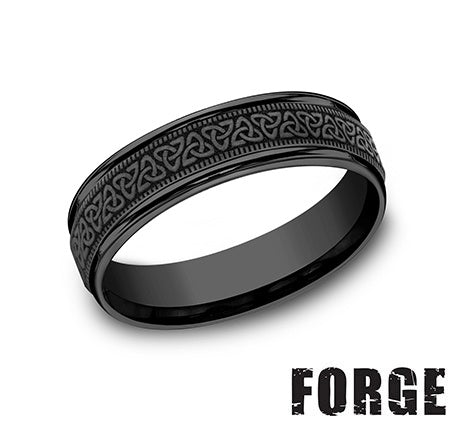 Black titanium band with intricate carved design.