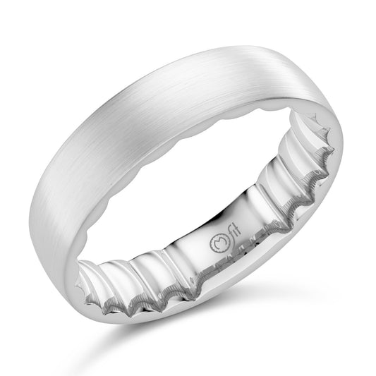 Polished satin white gold carved band.